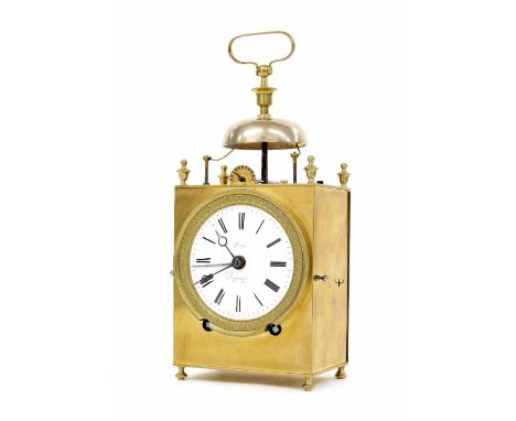 French brass two train Capucine alarm clock, the 3.5" white dial signed Pienon, á Roanne, within a foliate dart engraved beze