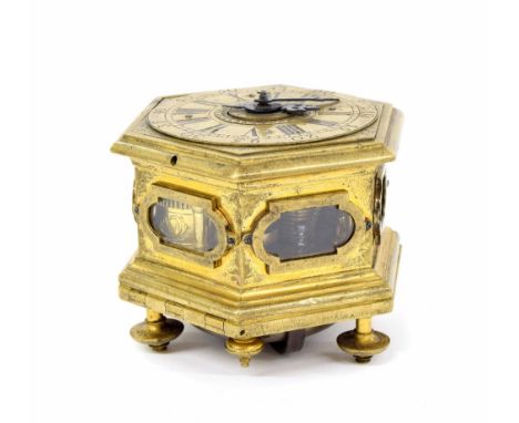 German hexagonal gilt metal striking table clock with alarm, Joh: Gottl: Freudenburg, Breslau, the case with D-ended glazed v