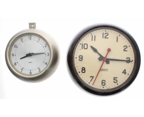 Gents synchronous wall clock in 8" silvered case with silver 6" dial; also a Gents 11" Bakelite silent impulse wall slave clo