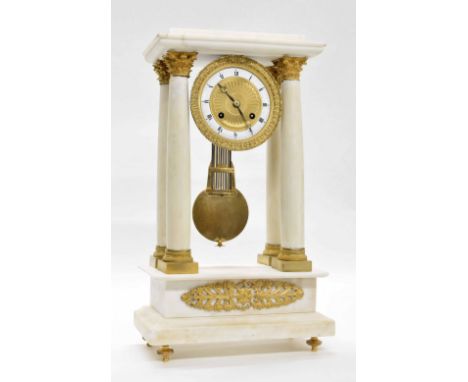 French white marble and ormolu mounted portico two train mantel clock, the movement with outside countwheel striking on a bel