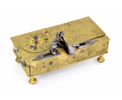 Zeidlmayr, Wienn., no. 42, rare gilt metal candle alarm clock, circa 1740, the gilt square plated fusee movement with verge e