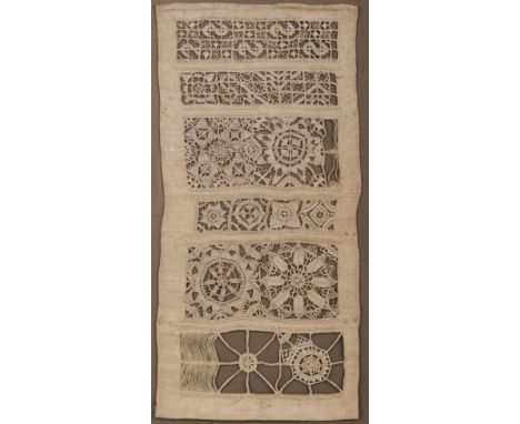 * Sampler. A reticella lace band sampler, mid 17th century, cream linen sampler, embroidered with linen, worked with 6 bands 