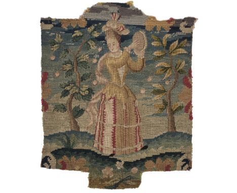 * Needlework. A tapestry fragment, probably French, circa 1700, worked in tent stitch on canvas in gros and petit point, usin