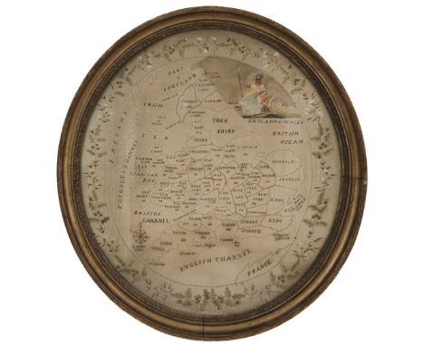 * Embroidered Map. England &amp; Wales, circa 1800, oval map finely hand-embroidered in polychrome silk threads, with place n