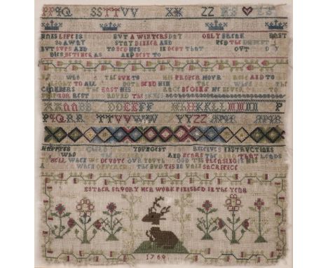 * Sampler. A needlework picture by Esther Savory, 1760, worked in cross-stitch using polychrome threads on a beige linen grou