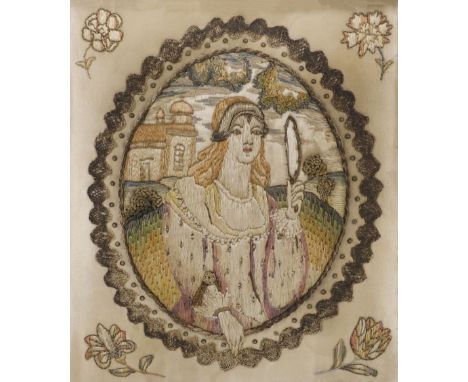 * Embroidered picture. Needlework picture of Aphrodite, probably Continental, 17th century, worked in polychrome silk threads