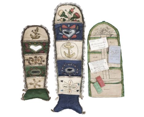 * Sewing. An 18th century sailor's hussif, hand-stitched sewing kit of dark green silk, unrolling to reveal a cream silk arch