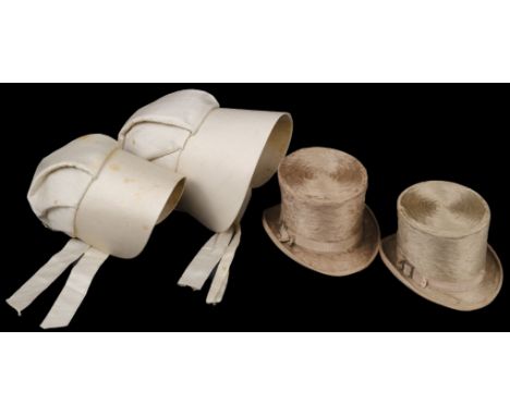 * Miniature Clothing. Two Quaker miniature coal-scuttle bonnets made by Sarah Smith, Bonnet-Maker, Philadelphia, circa 1840s,