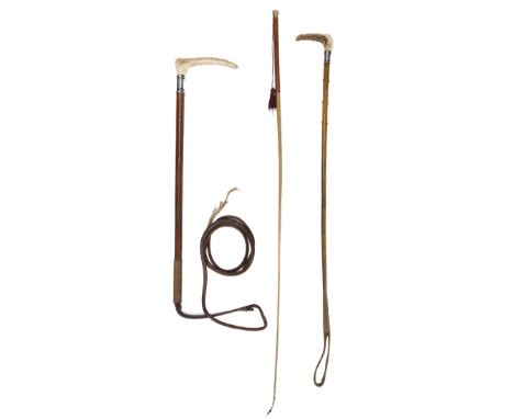 * Riding Whip. A silver-mounted rhino horn hunting crop, 1873, shaft of carved rhino horn, with antler handle, and leather ke