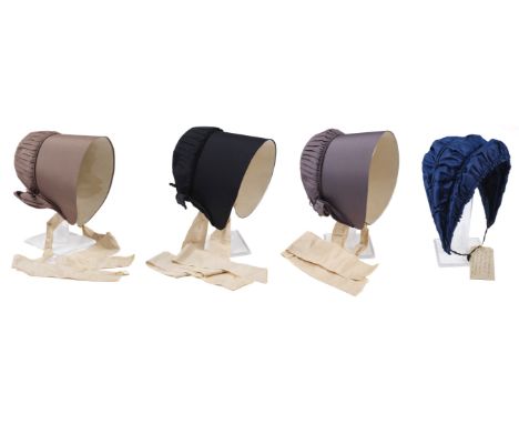 * Clothing. Three Quaker coal-scuttle bonnets, circa 1840s, 3 hand-stitched bonnets, the first covered in grey silk, neck fri