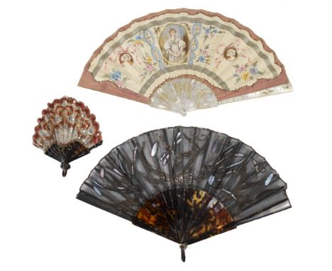 * Painted Fan. A fan painted with female figures and flowers, circa 1870s, double-sided folding parchment leaf, the recto han