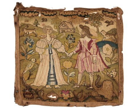 * Needlepoint Picture. A marriage portrait, British, 1620s/30s, finely-worked in tent stitch on canvas, in a variety of colou