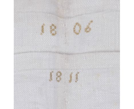* Household Linen. A pair of sheets, 1806 and 1811, two hand-stitched sheets, each with central join, each dated to one edge 