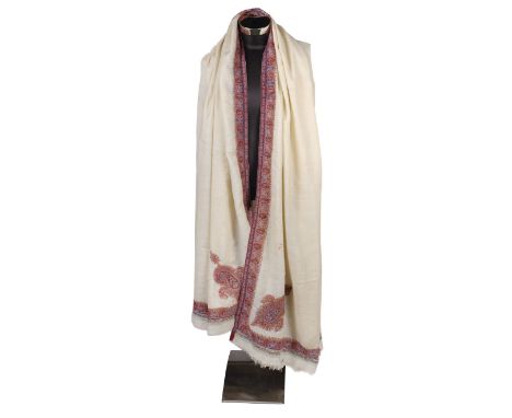 * Shawl. A large embroidered shawl, Kashmir, India, circa 1860, cream wool stole, finely hand-embroidered with polychrome bor