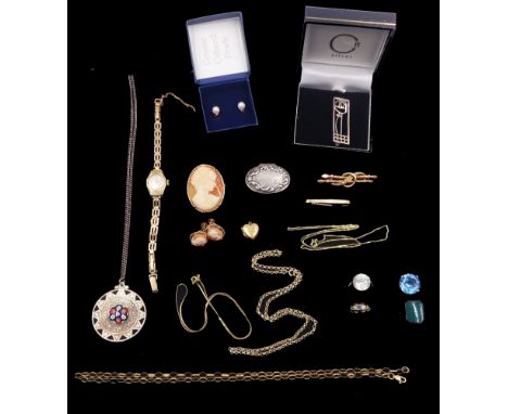 Record 9ct gold ladies manual wind wristwatch, Victorian and later 9ct gold jewellery including cameo earrings, necklace chai