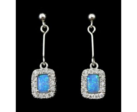 Pair of silver opal and cubic zirconia cluster pendant stud earrings, stamped 925 Condition Report:Length = 29mm, good condit