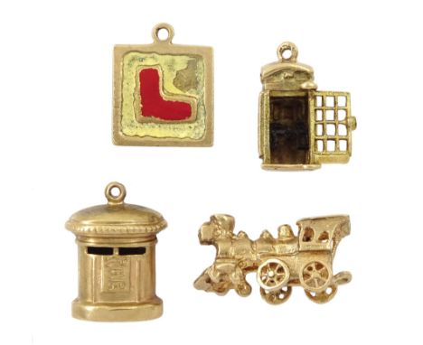 Four 9ct gold pendant/charms including telephone box, 'L' driver plate,  steam train and letterboxCondition Report:Approx 7.1