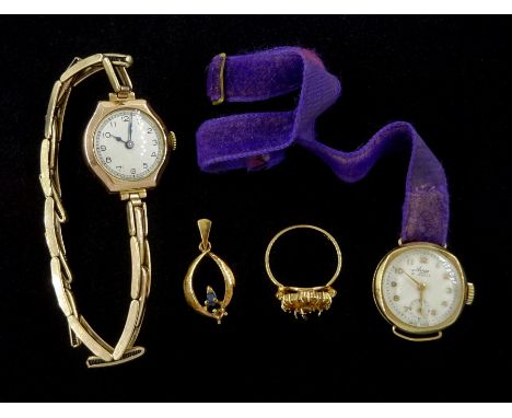 Two gold ladies manual wind wristwatches, on one gold expanding strap, gold pendant and stone set ring, all 9ct Condition Rep