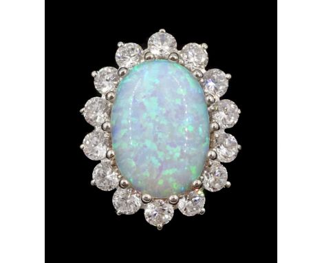 Silver opal and cubic zirconia cluster ring, stamped 925Condition Report:Size R-S, overall head = 20mm x 17mm, good condition