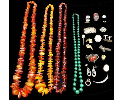 Victorian and later jewellery including 9ct gold enamel hairwork stick pin and other gold oddments, silver brooches, rings an