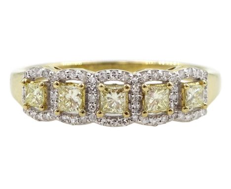 9ct gold five stone princess cut yellow diamond, with round brilliant cut diamond pierced border, hallmarked, total diamond w