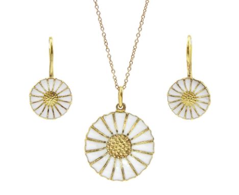 Silver-gilt white enamel daisy pendant necklace and matching pair of pendant earrings by Georg JensenCondition Report:Earring