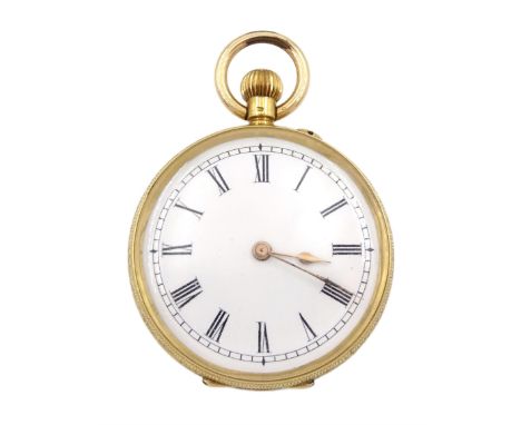 Early 20th century keyless cylinder fob watch, white enamel dial with Roman numerals, the back case with engraved foliate dec