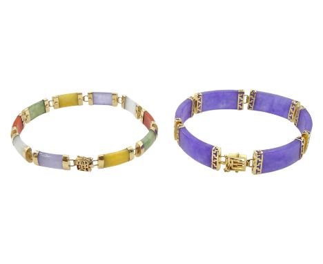 14ct gold lavender jade link bracelet and a 9ct gold multi jade coloured braceletCondition Report:Lavender jade - links need 