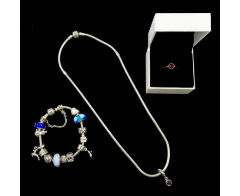 Collection of silver Pandora jewellery comprising a bracelet with thirteen Pandora charms and safety chain, necklace with one