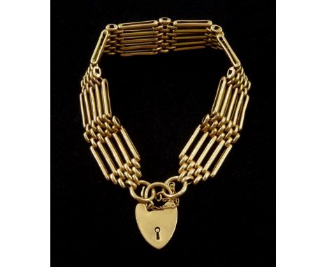 9ct rose gold five bar gate bracelet, with heart locket clasp by Charles Daniel Broughton, Birmingham 1907Condition Report:Ap