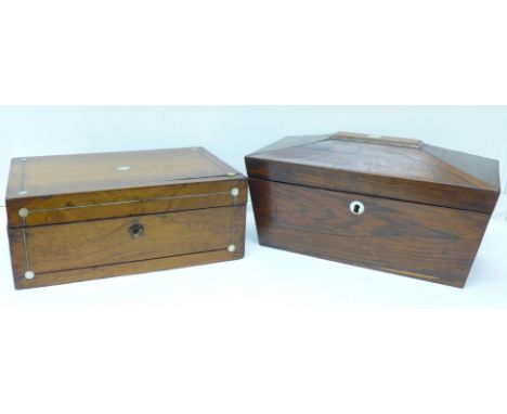 A sarcophagus rosewood caddy with mother of pearl inlay and an inlaid workbox with mother of pearl, a/f