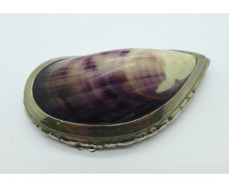 A plated snuff box mounted with a shell, inner lid bears inscription, 'J.A.H.'s Compliments'