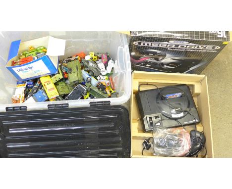 Die-cast model vehicles, Matchbox, Dinky, etc., and a Sega Megadrive computer console