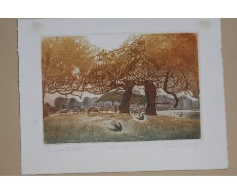 Robert Ro Greenhalf prints, etchings, 'Goodbye September' and 'Wind Hover Down' and a small print 'Tree I' (3)