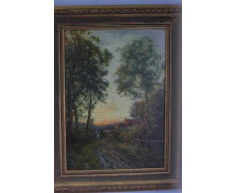 John Falconer Slater 1857-1937 Oil on board signed. 'Rural landscape with figures chatting by a gate' 55 x 39cm