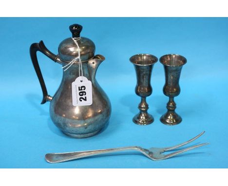 Continental coffee pot, pair of vases and a pickle fork