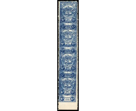1922 Irish Republican Army Issue 6d blue, perf 11, unmounted o.g., lower sheet margin vertical strip of four, variety ‘TRIPLE