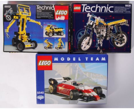 A collection of 3x vintage Lego sets. 2x Technics and 1x Model Team. Technics 8852 and 8838, and Model Team 5540. Contents ap