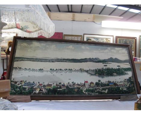 An interesting framed fabric tapestry picture of a mountain lake scene