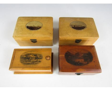 Four 19th Century Mauchline ware boxes, one containing bone sewing tools (General View of Silloth), together with three other