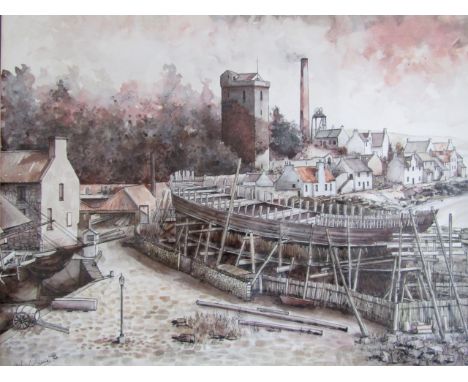 Ken Currie (b.1960) Ship-Building and Coal-Mining Days, atmospheric coastal view with boat under construction to the fore, wa