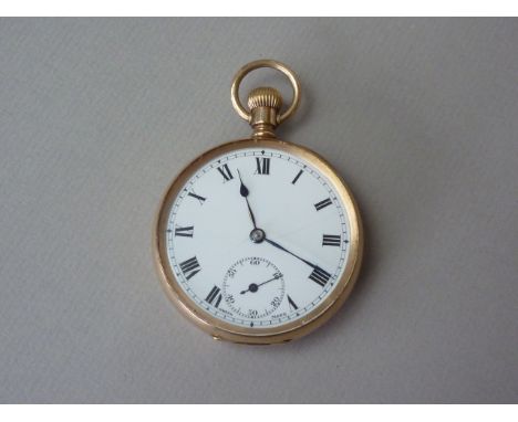 A 9 ct gold open-faced pocket watch, having crown-wound movement and enamel face with Roman numerals and subsidiary seconds d