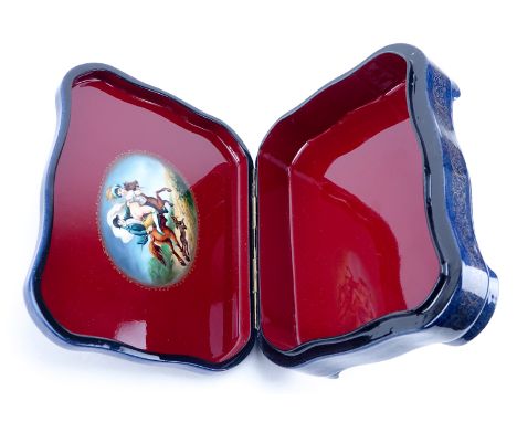 Russian Erotic Lacquered Paper Mache Box. Signed. Serpentine front with portrait of a young woman and erotic scene verso of t
