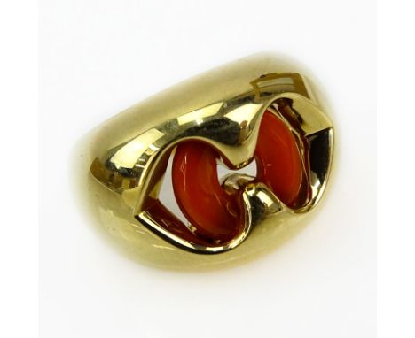 Vintage Bulgari 18 Karat Yellow Gold and Carved Carnelian Ring. Signed, 750. Very good condition. Ring size 5. Approx. weight