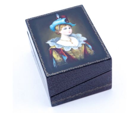 Russian Erotic Lacquered Paper Mache Card Box. Signed. Portrait of a young woman to top and erotic scene verso of the lid. In