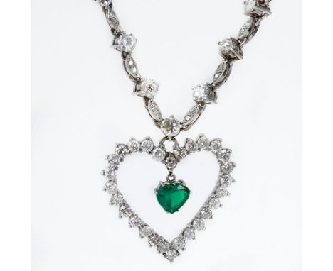 Vintage Approx. 10.50 Carat Round Brilliant and Marquise Cut Diamond and Heart Shape Emerald Heart Pendant Necklace. Unsigned