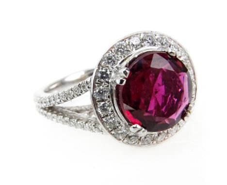 Approx. 2.43 Carat Burma Ruby, .95 Carat Diamond and 14 Karat White Gold Ring. Ruby with vivid saturation of color. Stamped 1