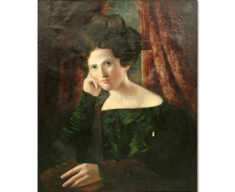 19th Century American School Portrait of a Young Woman Oil Painting. Unsigned, inscribed repainted by C. Murdoch en verso. Ha