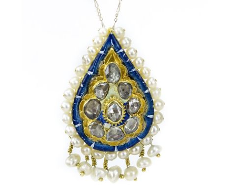 Vintage Rose Cut Diamond, Pearl, Enamel and 14 Karat Yellow Gold Pendant Necklace. Unsigned. Minor enamel losses. Pendant mea