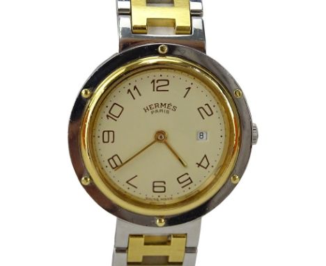 Hermes Clipper Two Tone Watch With Box And Papers. Gold and stainless steel, quartz movement. Signed. Serviced in 2015 with a